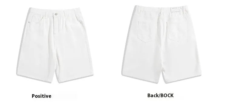 Men's solid colour denim shorts with straight-leg five-point cut and zipper fly opening