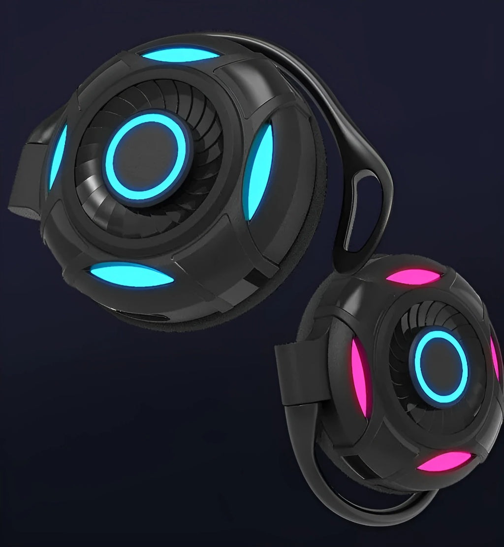Black and white wireless gaming earphones with hanging ear design and USB charging cable