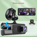 WiFi car dash cam with front and rear cameras showing on 2.0 inch screen with data cable for mobile phone connection