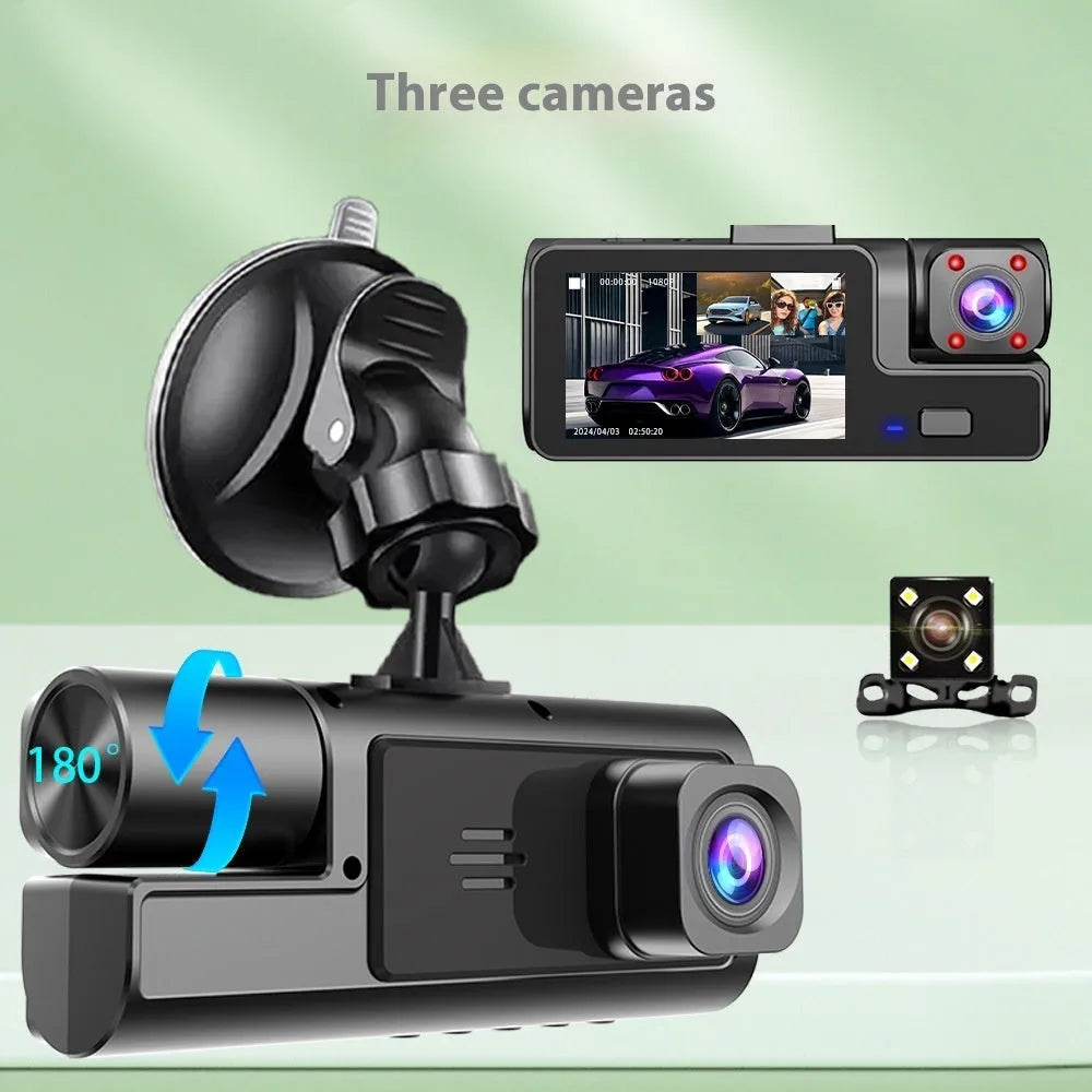 WiFi car dash cam with front and rear cameras showing on 2.0 inch screen with data cable for mobile phone connection
