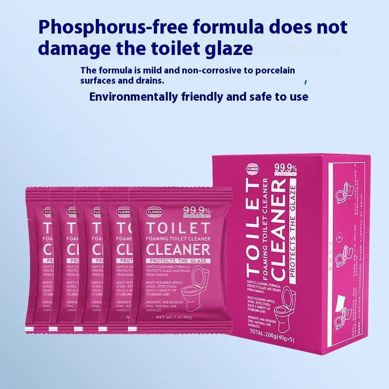 Box and bag options of blue and pink fragranced toilet bubble powder cleaning tablets.