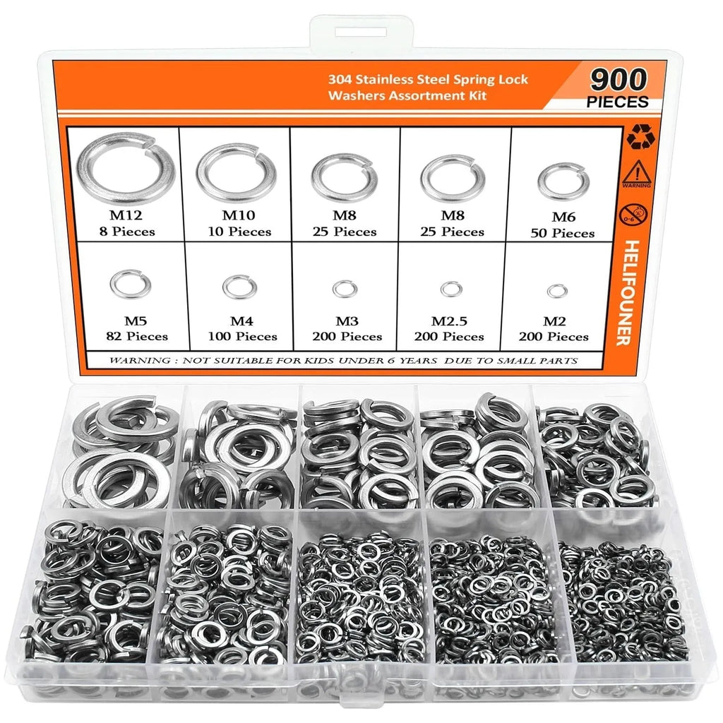 304 stainless steel spring lock washer combination box containing 900 pieces with size range 2-12mm