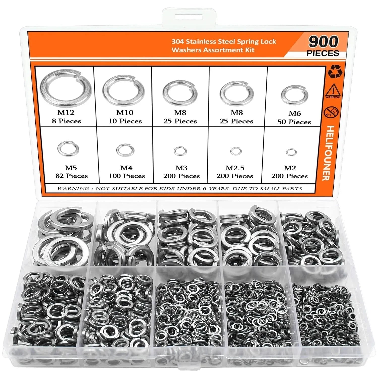 304 stainless steel spring lock washer combination box containing 900 pieces with size range 2-12mm