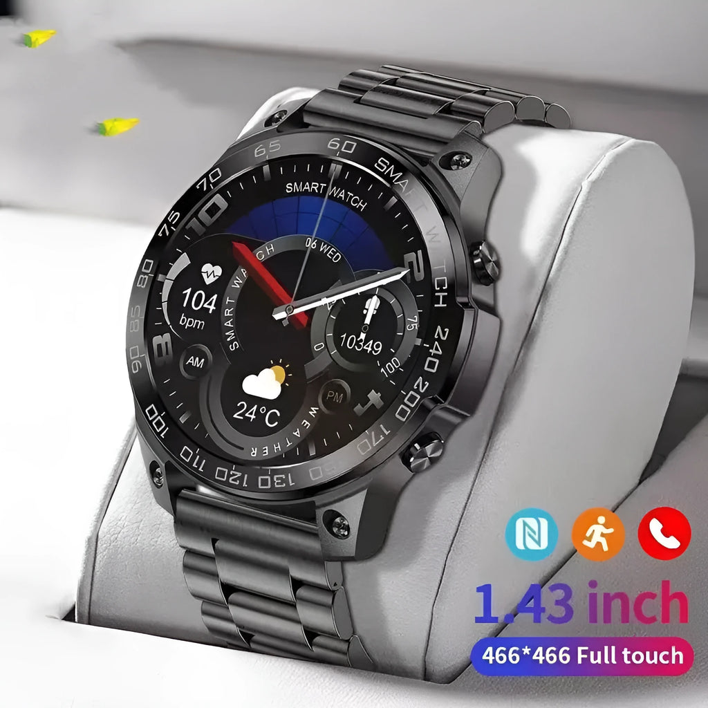 Round AMOLED sports watch with silicone strap showing Bluetooth calling and health tracking features