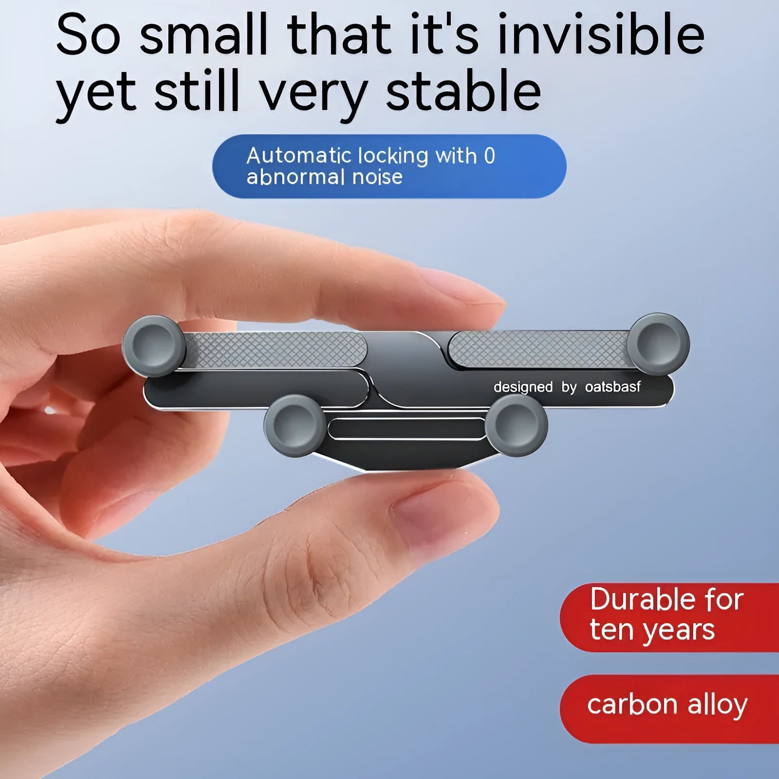 Aluminium alloy car mobile phone holder showing both knob air vent mount and adhesive dashboard mount versions in black, silver, and grey colours
