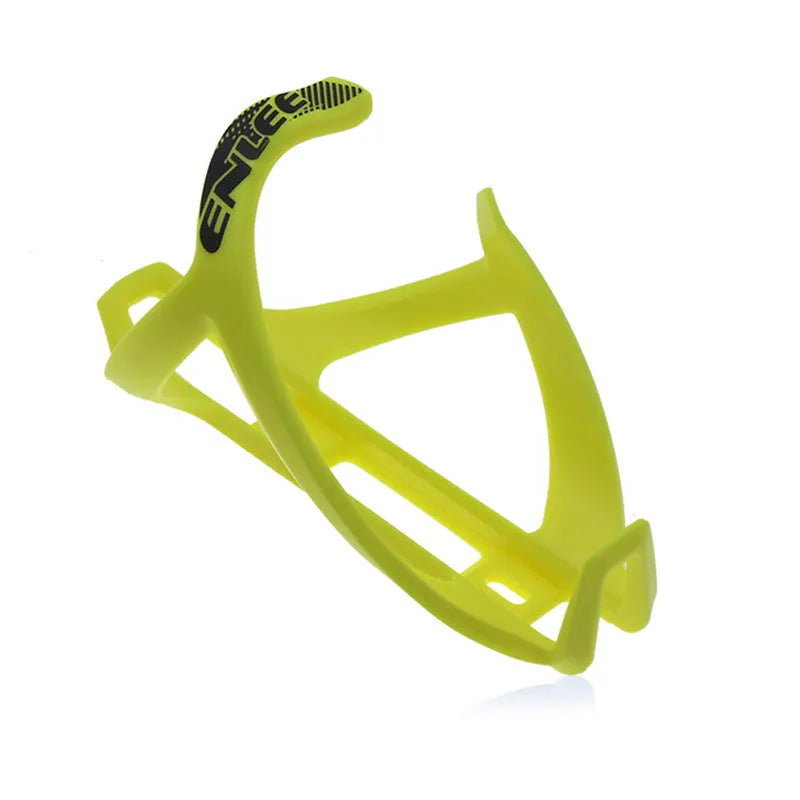 Mountain bike water bottle cage in fluorescent yellow made from tough TPR plastic