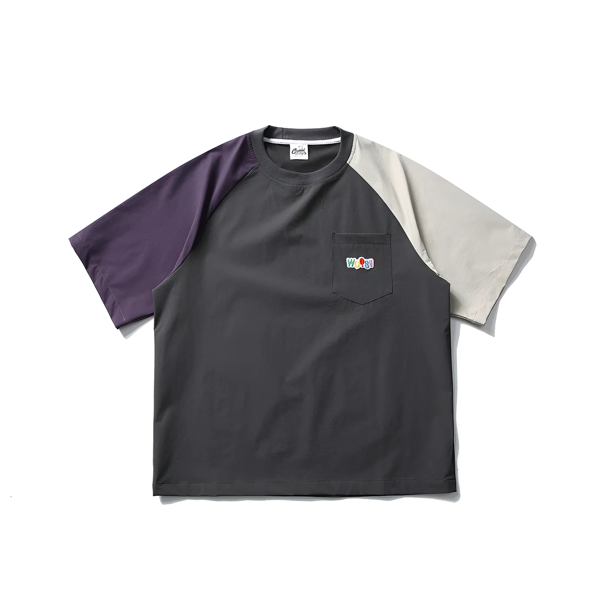 Dark grey men's loose fit t-shirt with contrast raglan sleeves on a neutral background