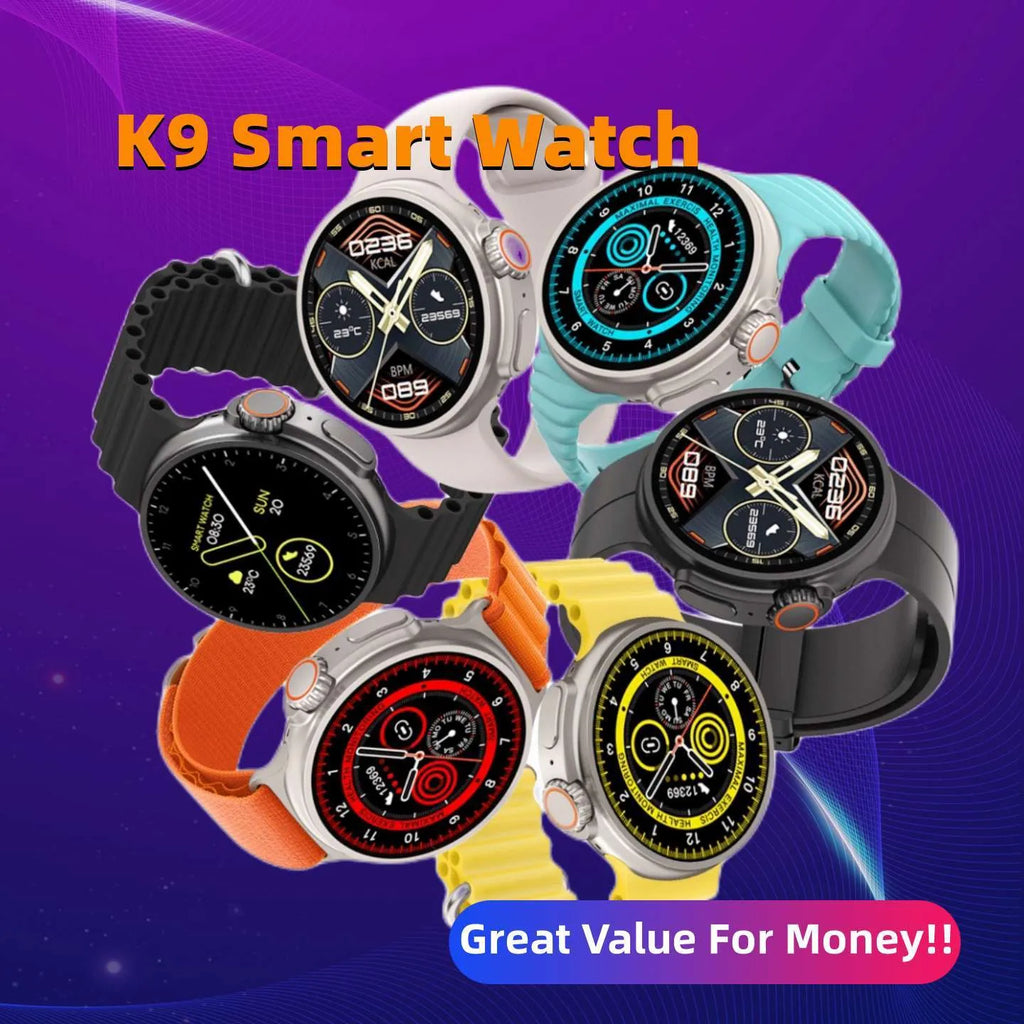 K9 smart watch with round screen and silicone strap shown on wrist