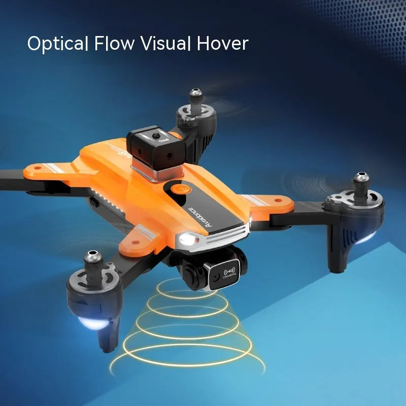 Compact orange quadcopter drone with four propellers and a dual camera system on a black background.