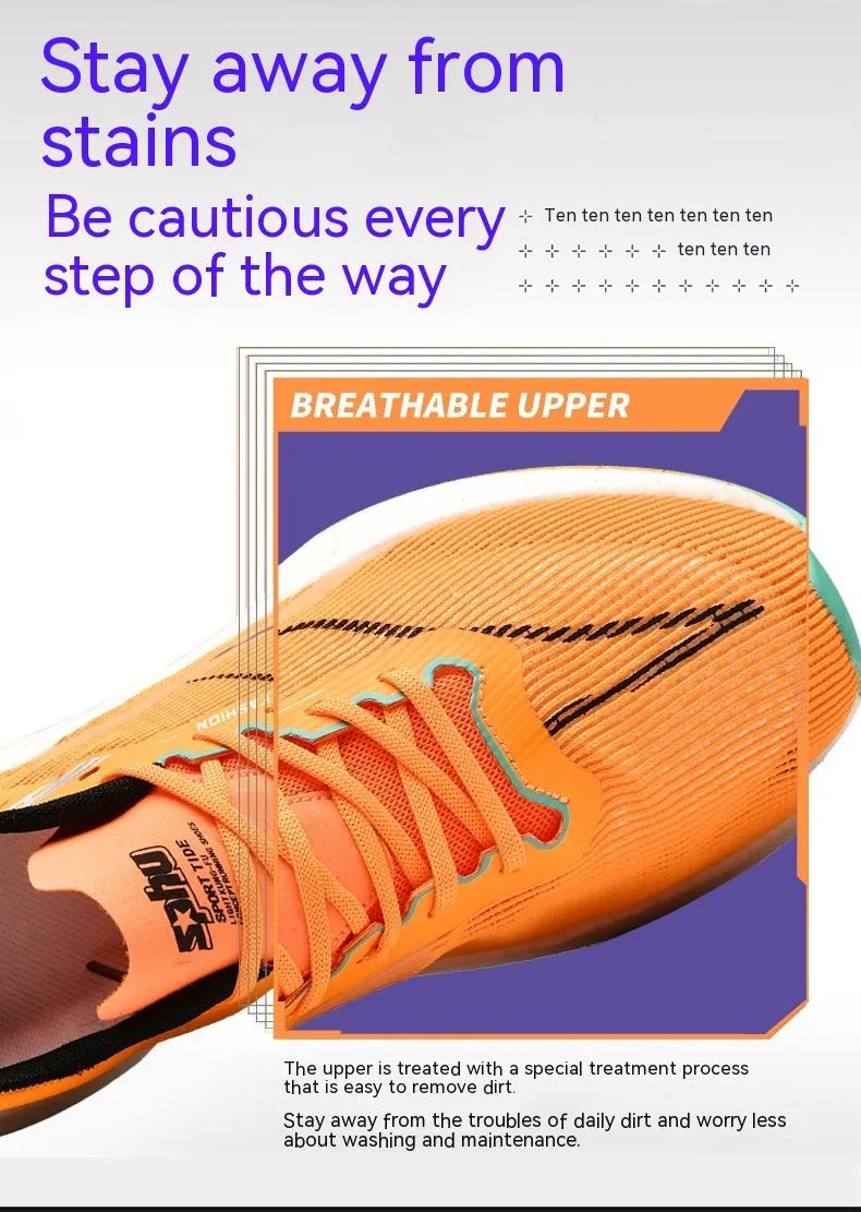 Unisex breathable shockproof running shoes in orange and white with striped pattern and rubber sole