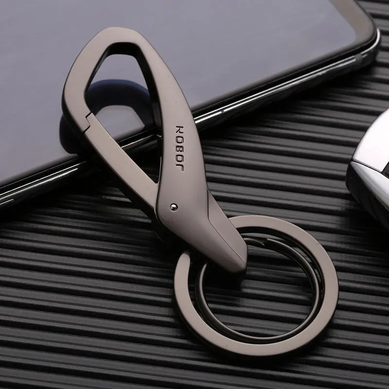 Black zinc alloy double ring waist keychain measuring 8.3 by 3.5 centimetres
