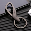 Black zinc alloy double ring waist keychain measuring 8.3 by 3.5 centimetres