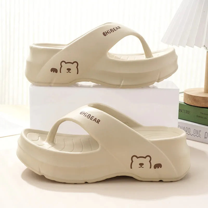 Women's thick-sole EVA non-slip flip flops in beige with fish mouth toe on a light background
