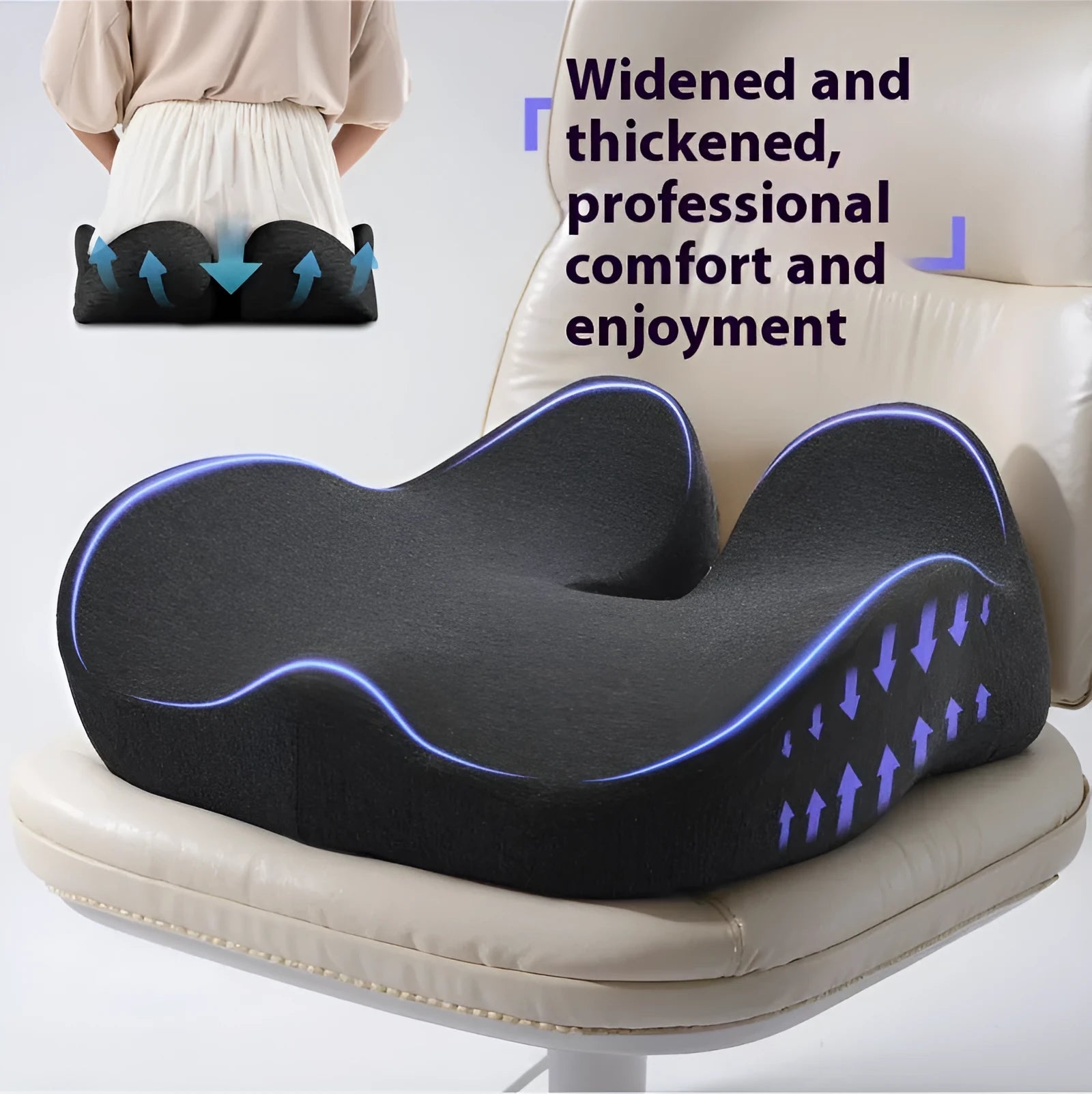 Solid colour memory foam office chair seat cushion measuring 46x43x12cm in light grey, black, or green.