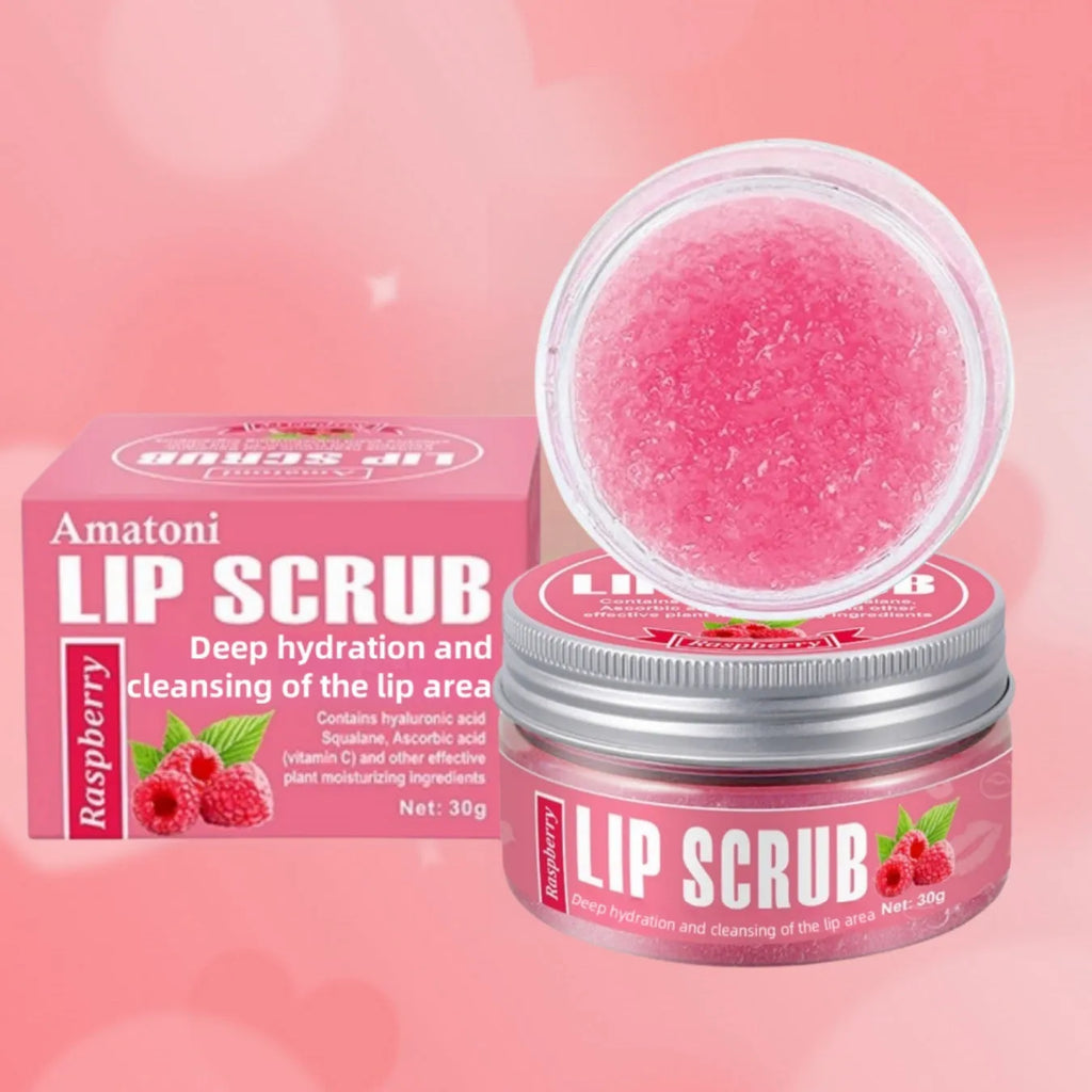 Amatoni fruit flavour lip scrub cream in 30g tube with coconut raspberry vanilla watermelon options