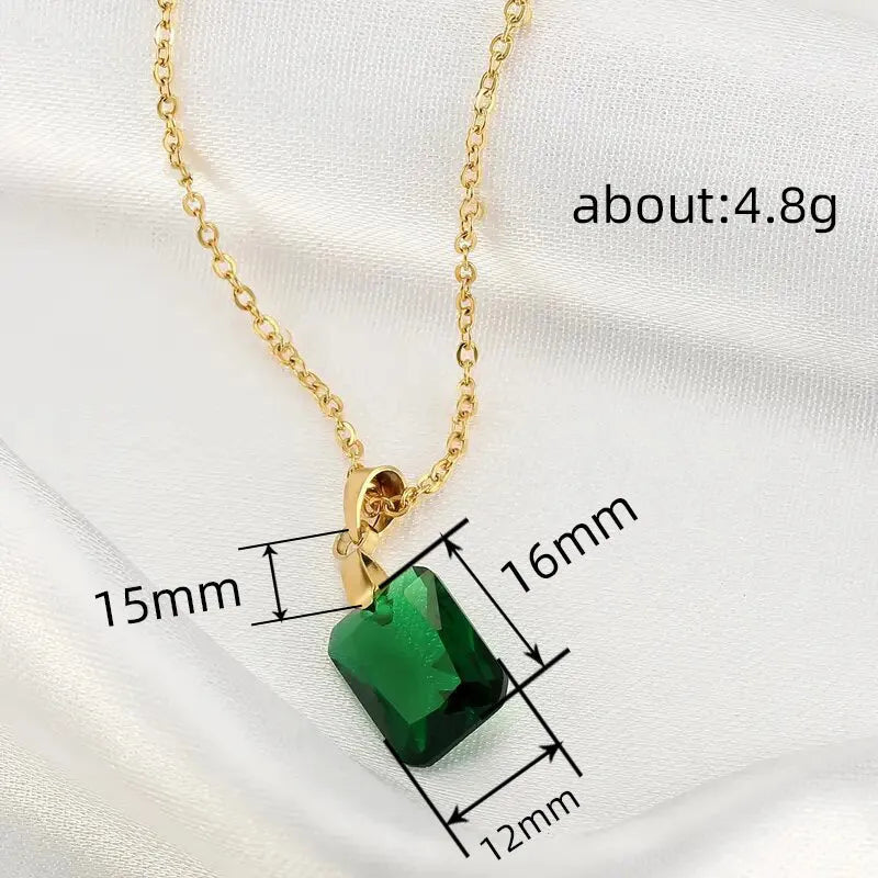 Rectangular geometric copper necklace with quadrilateral design on green background
