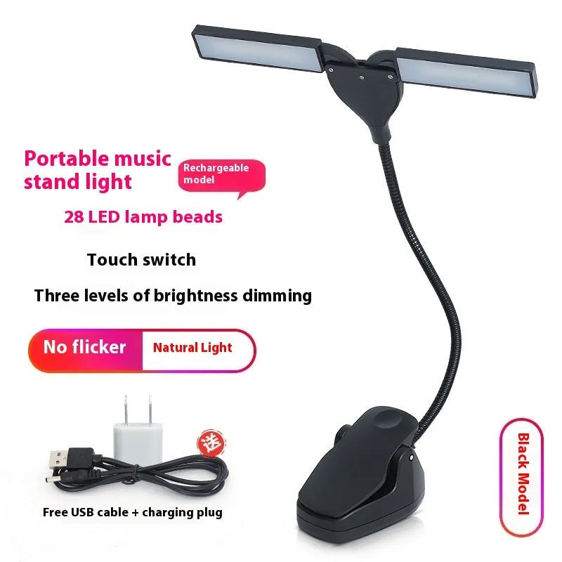 Rechargeable black music stand light with 28 soft LEDs for instrument practice