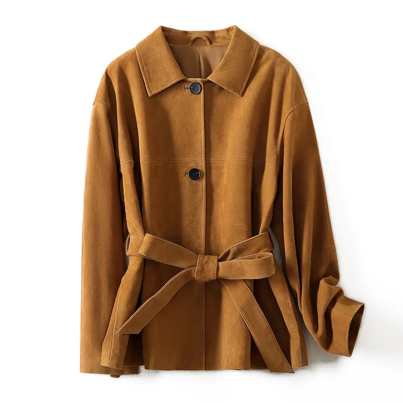 Women's mid-length cashmere coat with Peter Pan collar and belt in retro loose fit style