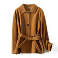 Women's mid-length cashmere coat with Peter Pan collar and belt in retro loose fit style