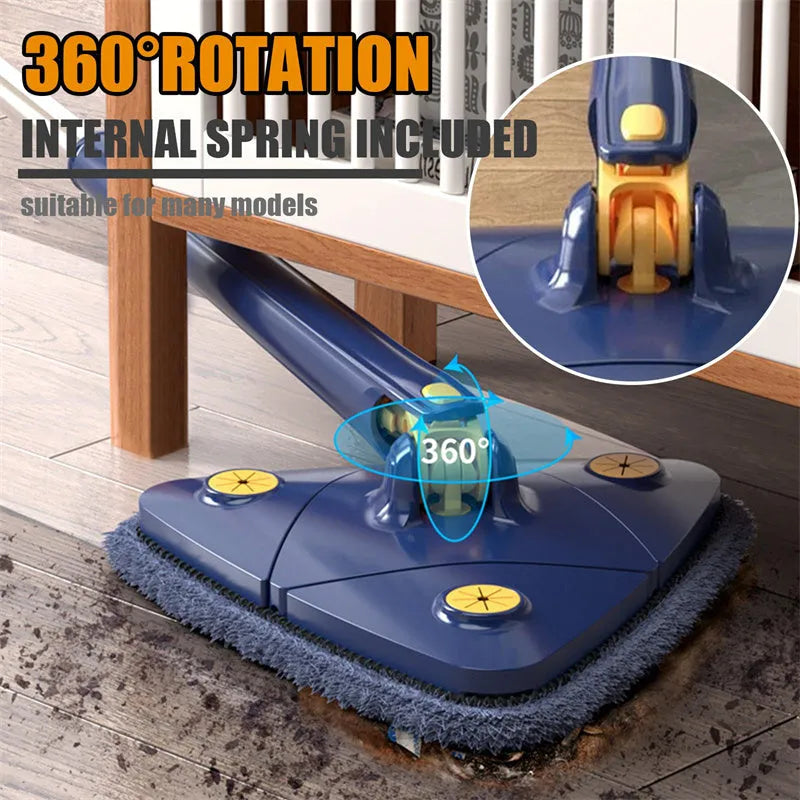 Blue extendable triangle mop with rotating head and microfibre cloth on a tiled floor.