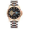Men's automatic mechanical watch with luminous hands on a wrist, showing rose gold case and black starry sky dial option.