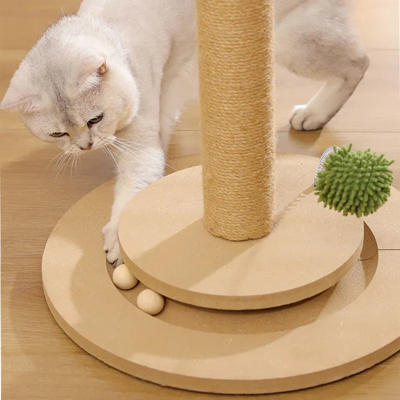 Vertical cat climbing frame with hemp rope scratch posts in canna chamfering colour