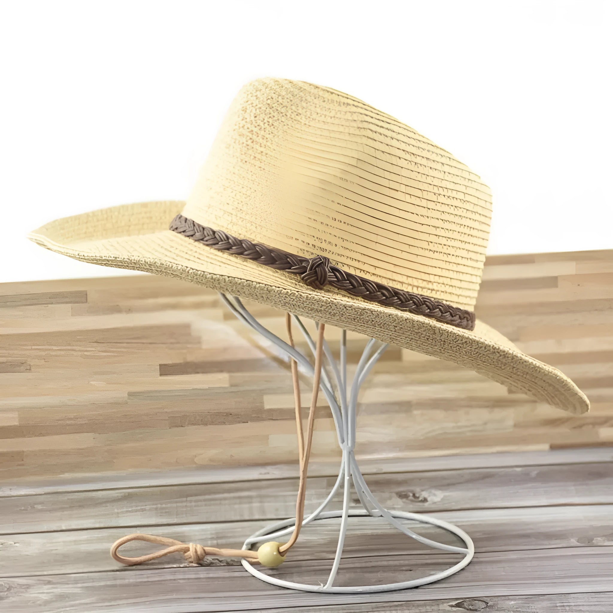 Man's foldable big brim straw sun hat in beige, shown flat and folded, with size tags for 58cm, 60cm, and 62cm.