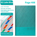 Business notepad with striped PU leather cover showing 408 pages of thickened wood-free paper