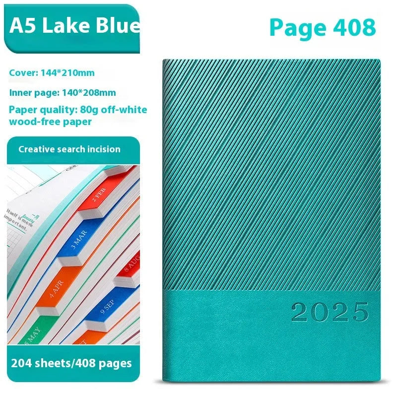 Business notepad with striped PU leather cover showing 408 pages of thickened wood-free paper