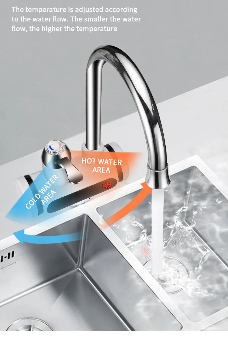 White electric instant water heater tap with digital temperature display for kitchen sink.