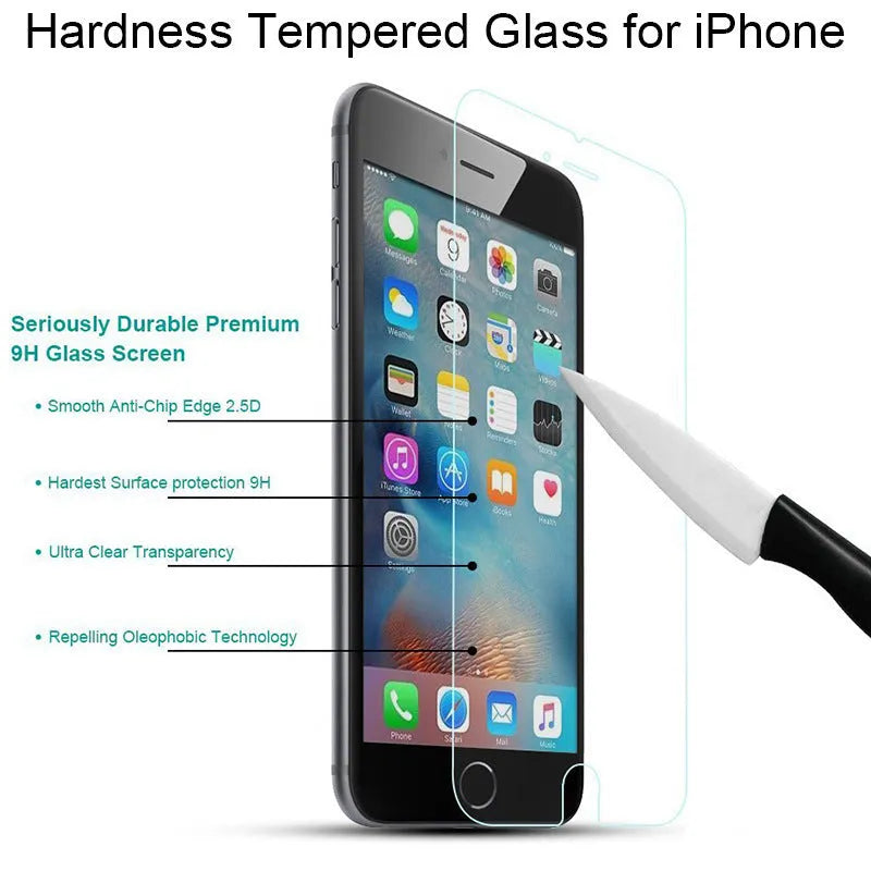 Tempered glass screen protector for iPhone models on a clean surface.