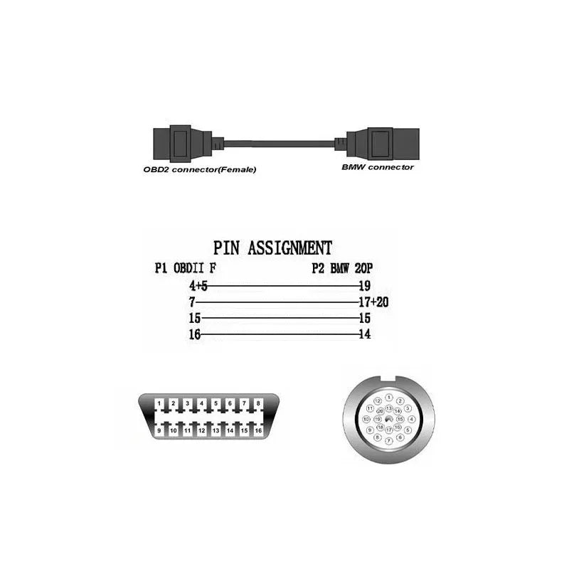 BMW OBD2 diagnostic connector cable showing 20-pin and 16-pin ends for vehicle scanner connection