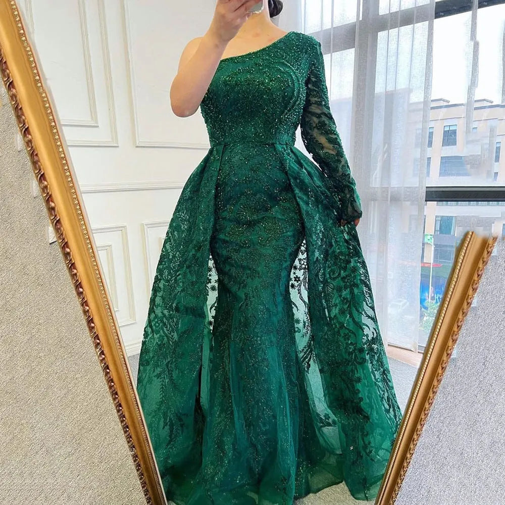 Women's slim-fit fishtail mesh shoulder long-sleeved dress with front zip, available in green