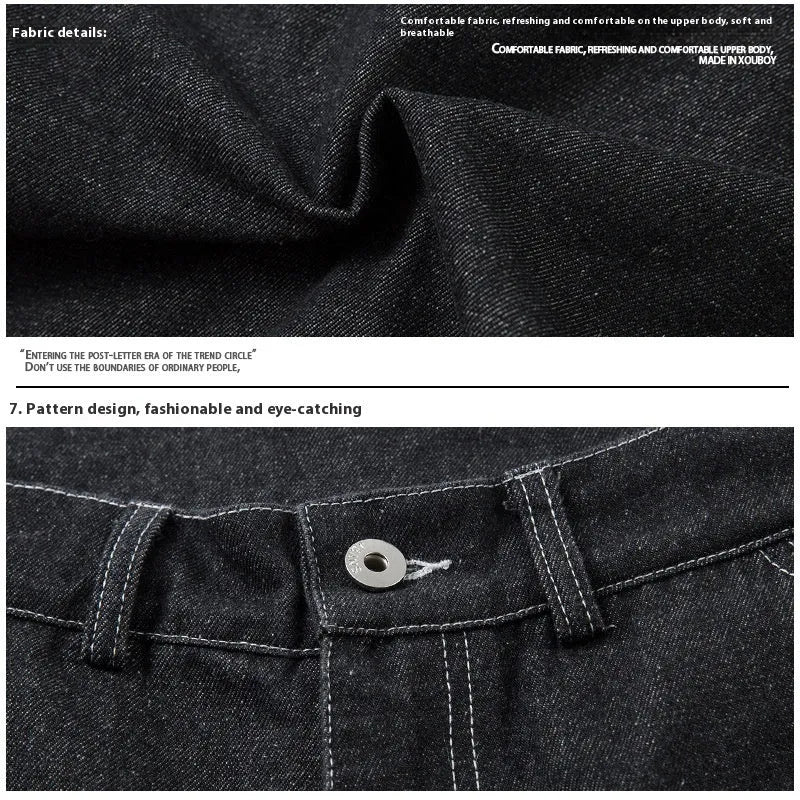 Black pleated work jeans with multiple pockets, featuring a zip fly and mid-waist design.