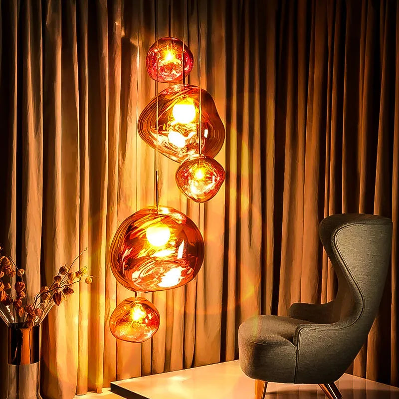 Post-modern Nordic irregular glass lava lamp chandelier in gold, silver, or red copper finish