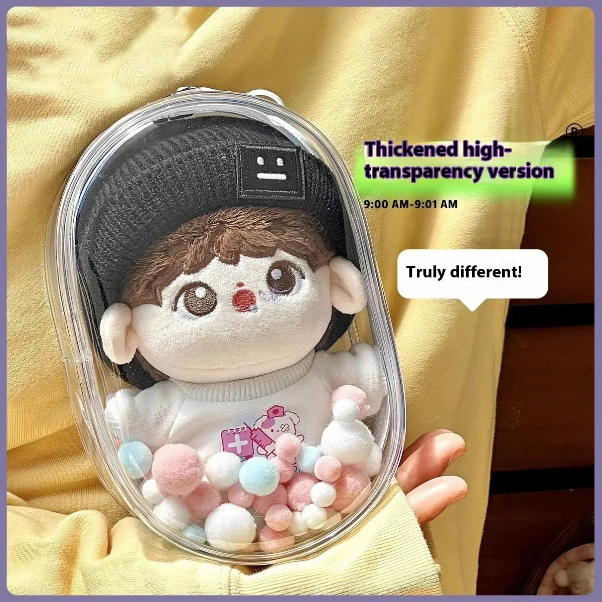 Transparent PVC cartoon backpack storage bag for cotton dolls in cube design