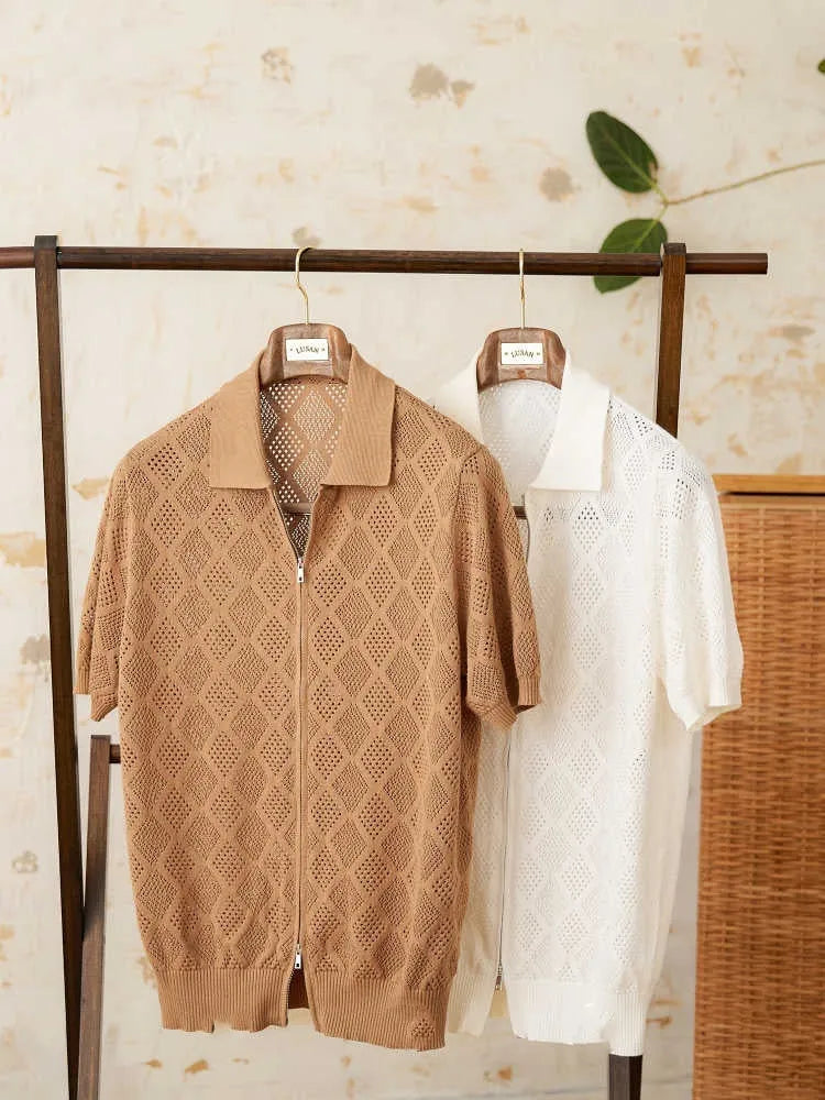 Men's light brown cotton lapel cardigan with zipper closure and short sleeves