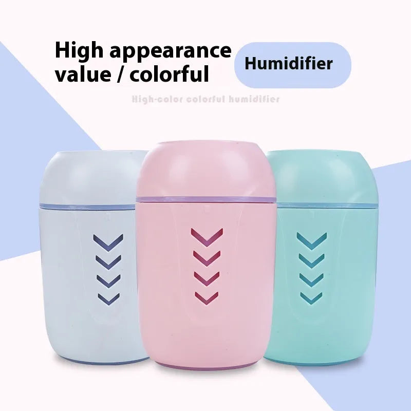 Round portable air purifier in white, pink or blue with USB cable for desktop or vehicle use