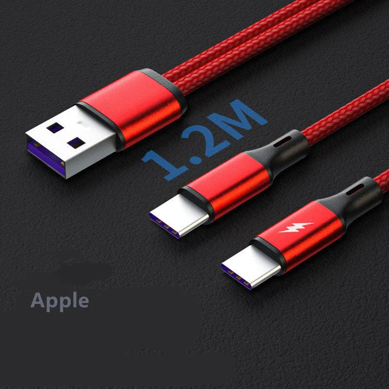 Black and red braided two-in-one charging cable with dual Android heads for simultaneous charging.