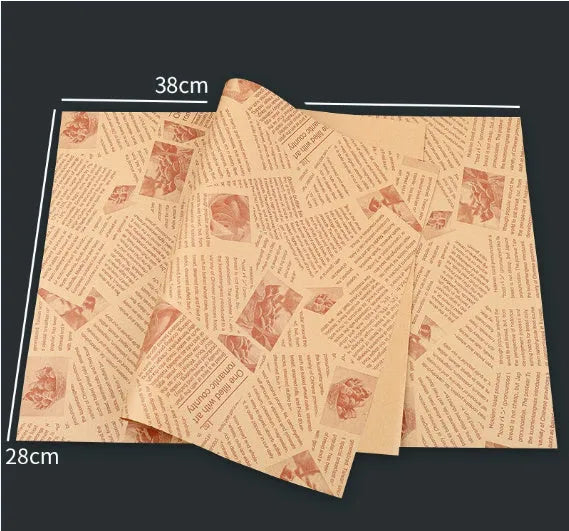 Stack of 28x38cm microwaveable food grade anti-oil Kraft baking paper sheets in English, newspaper, and retro styles