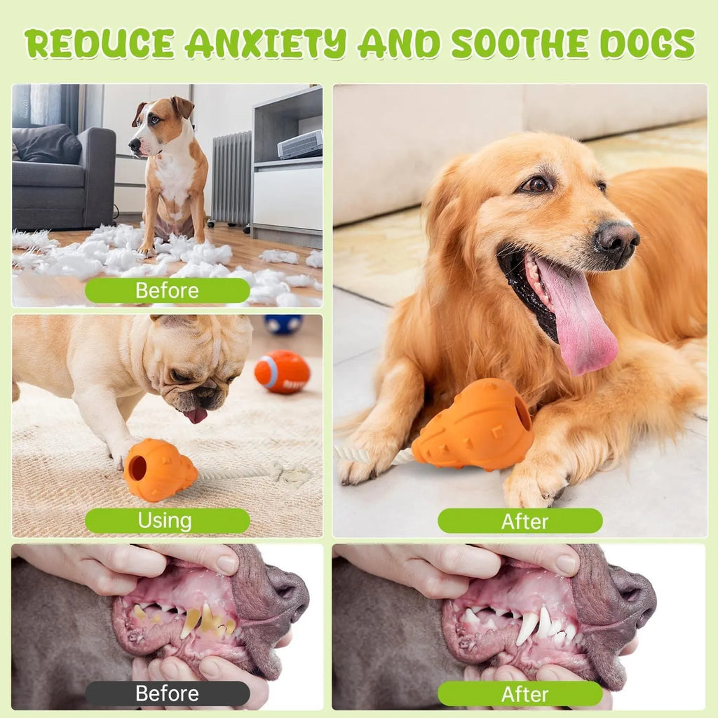 Natural rubber stuffable dog toy with treat dispenser measuring 30cm long