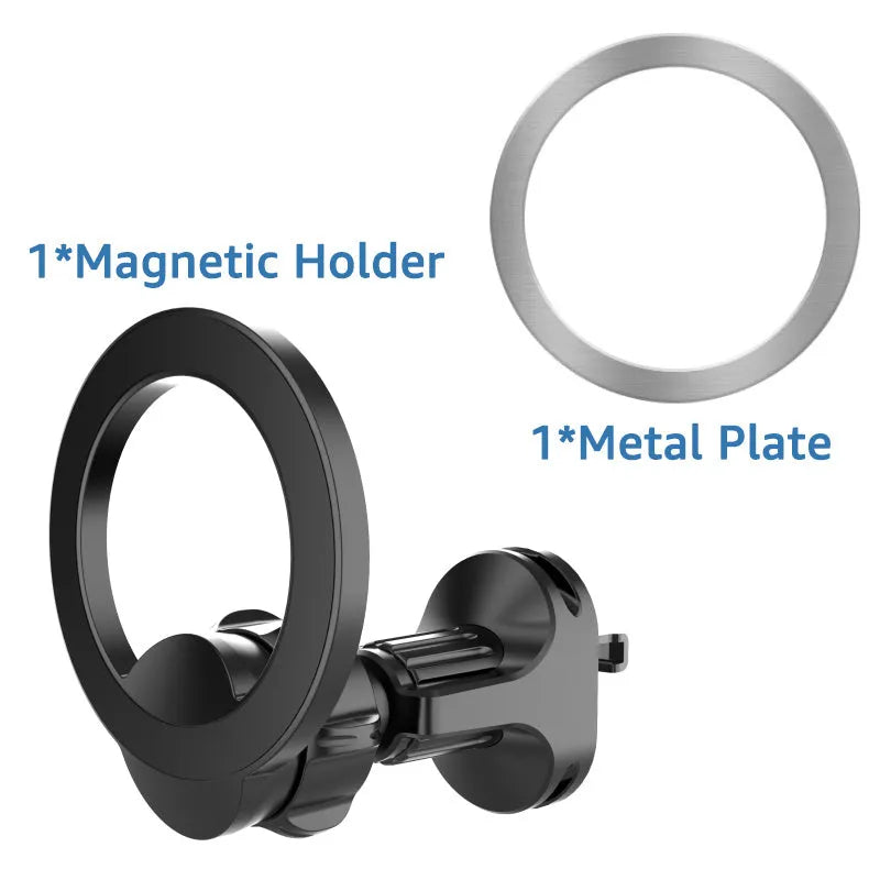 Black magnetic car air vent phone holder with O-ring clip attached to a vehicle vent