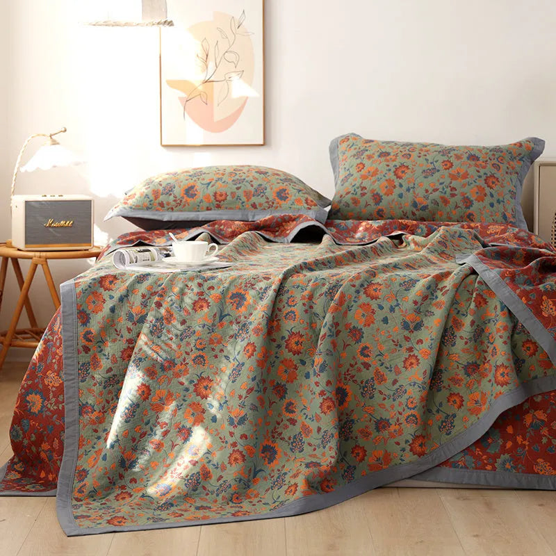 Cotton gauze blanket and pillowcase set with flower pattern in three colour options