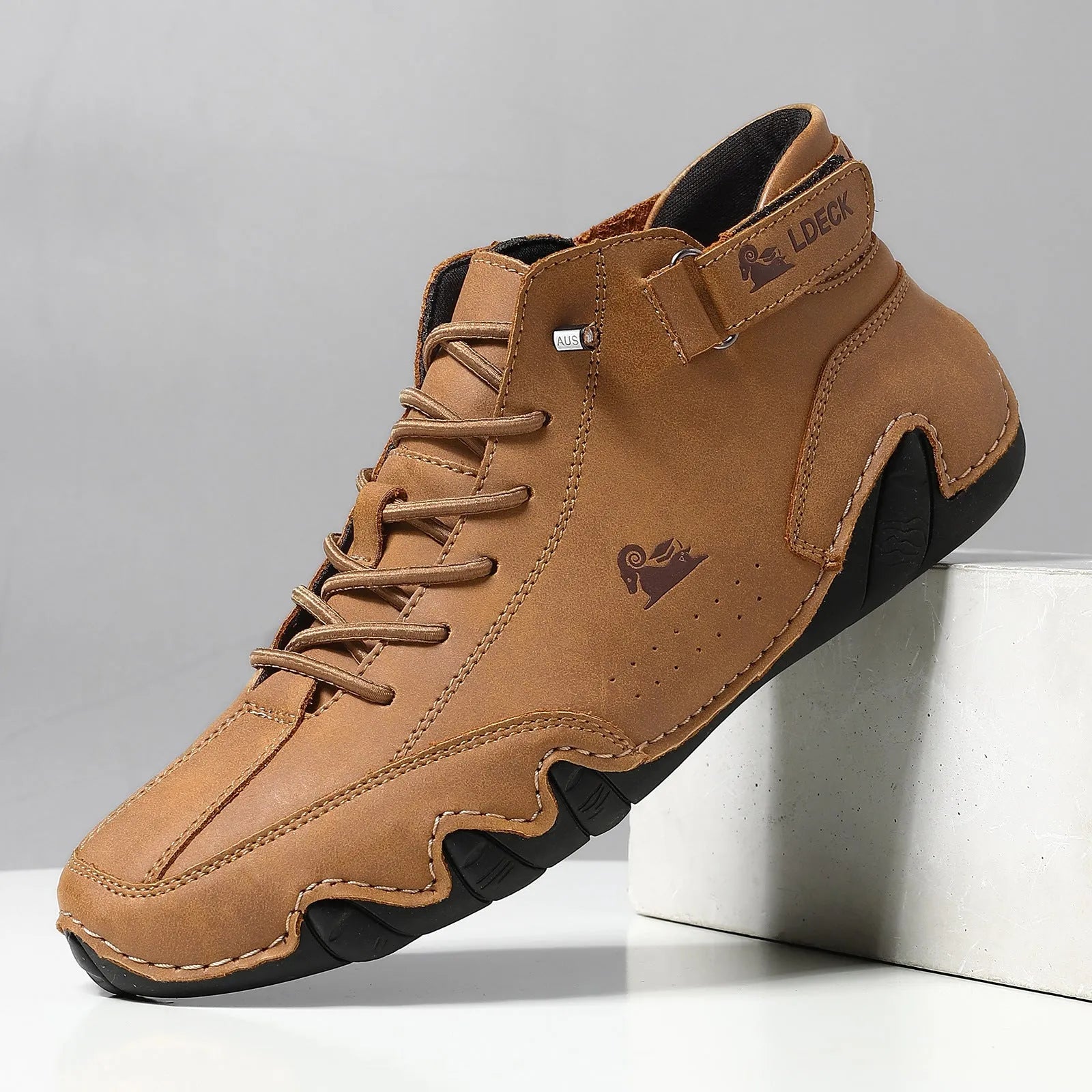 Men's octopus style high top boots in khaki colour with a microfiber upper and flat rubber sole.