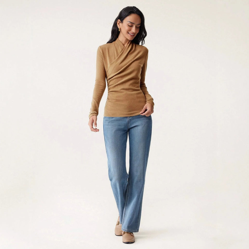 Camel coloured slim fit women's pullover sweater with long sleeves