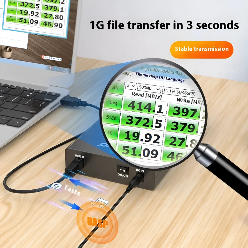 USB 3.0 external hard disk enclosure for 3.5 inch SATA drives with sliding cover and included power supply