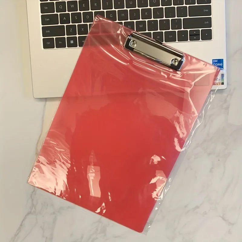Transparent A4 writing board pad with metal clip holding documents, available in blue, green, red, and white colours