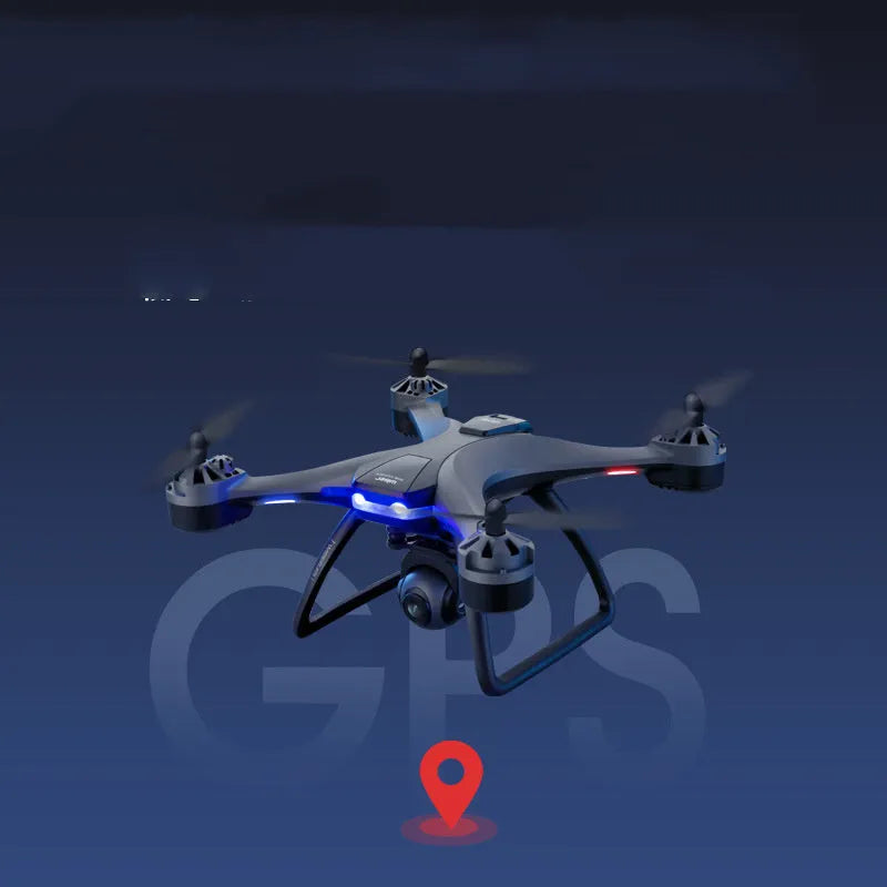 Plastic quadrocopter drone with four rotors, a remote controller, and spare blades on a blue background.