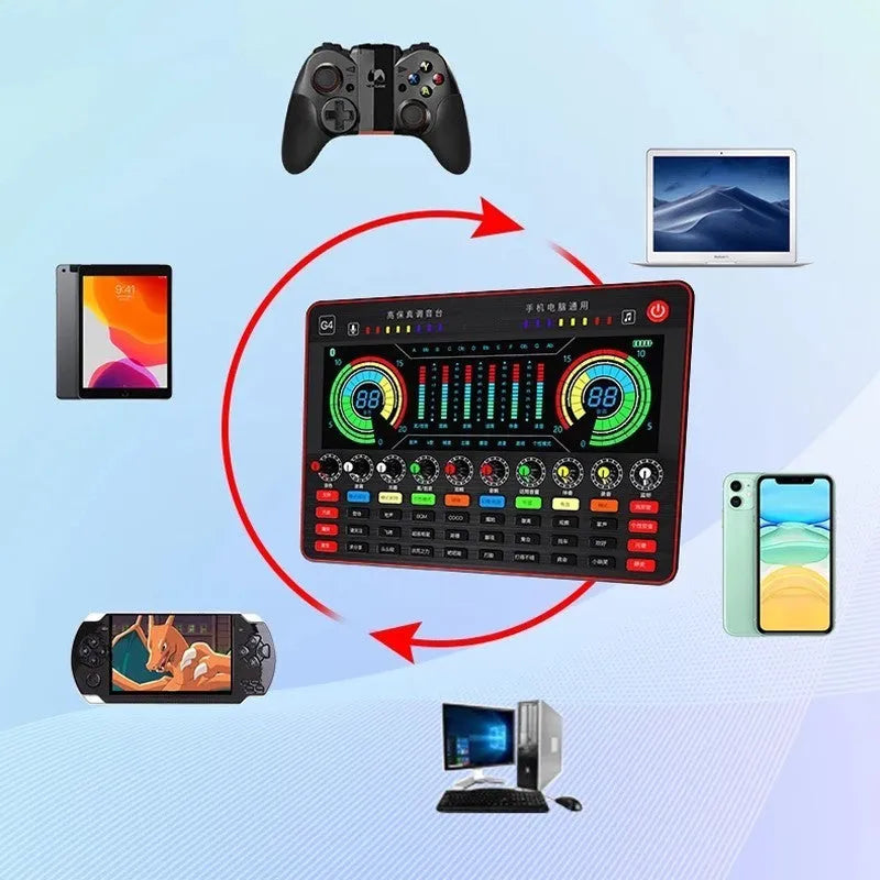 G4 professional sound card mixer with LCD display, microphone, remote control, and audio cables