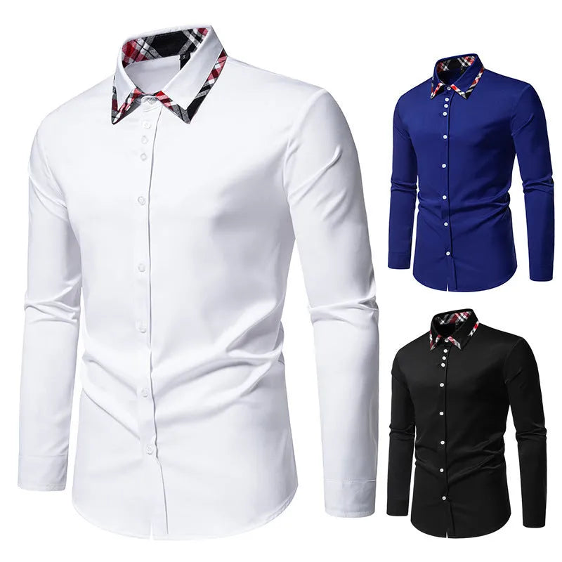 Men's casual long sleeve shirt with triangle collar and plaid contrast colour design in polyester blend fabric